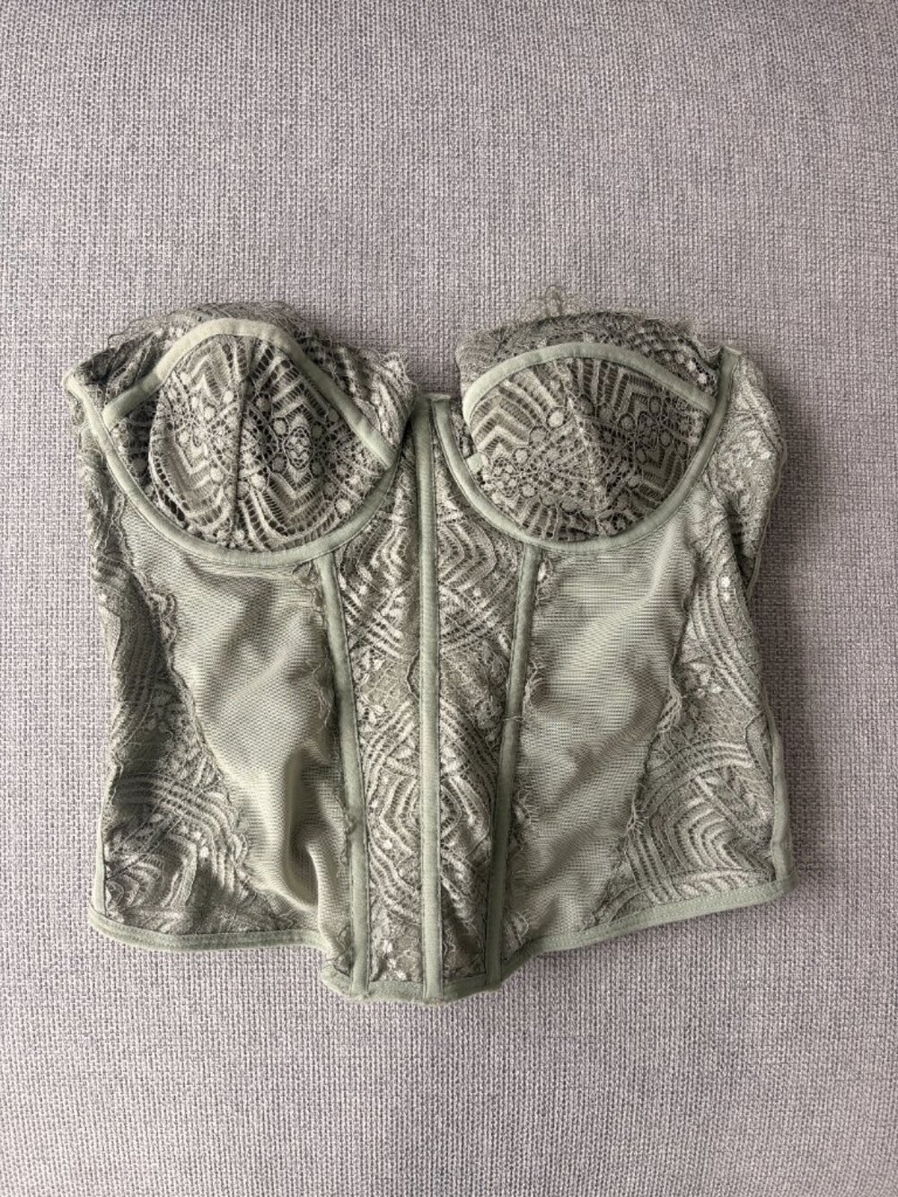 Sage Green Lace Corset Bustier Top Strapless Underwire Mesh